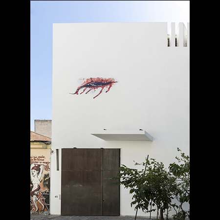 Deep Cut, 2018, laserprint on 3M vinyl sticker, 151x337 cm, Installation view at the facade of The Breeder, Athens for The Breeder Skin, 2020
